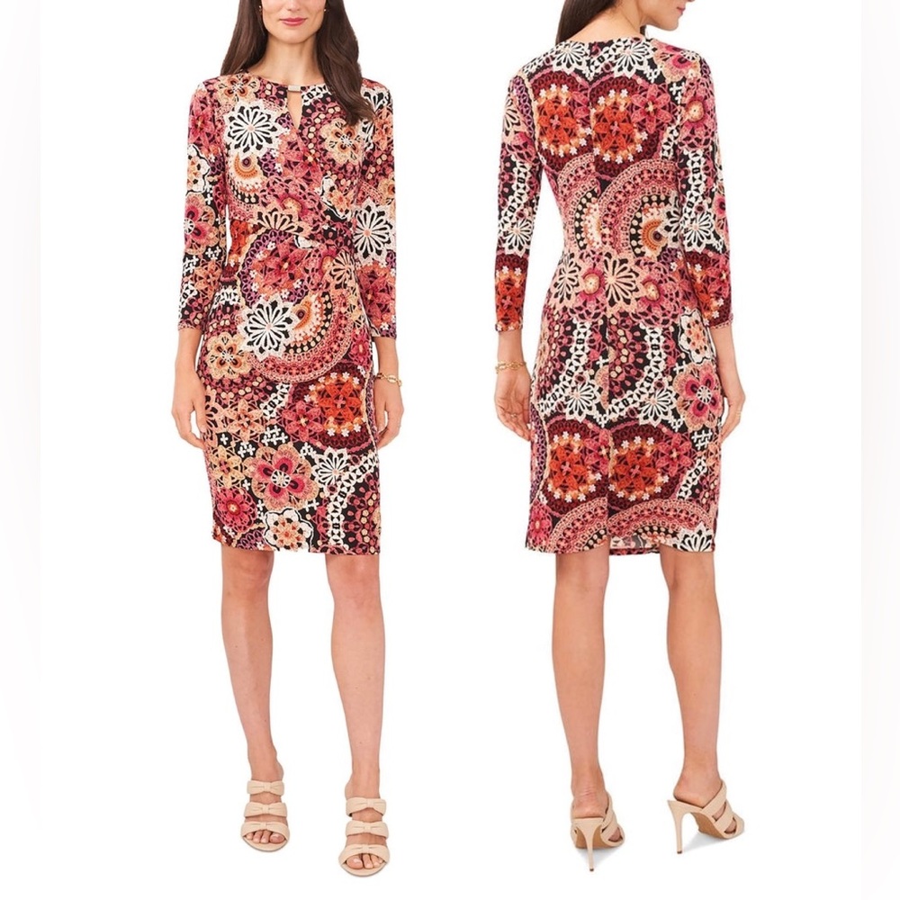 🆕 MSK Dress Women’s Medium Peach Berry Black Floral Faux Wrap NWT NEW - Picture 13 of 13